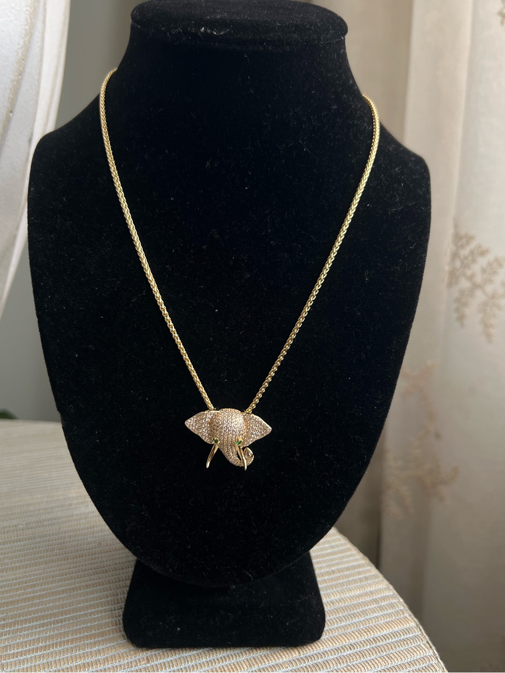 Gold Elephant Pav Pendant With Green Eyes Necklace